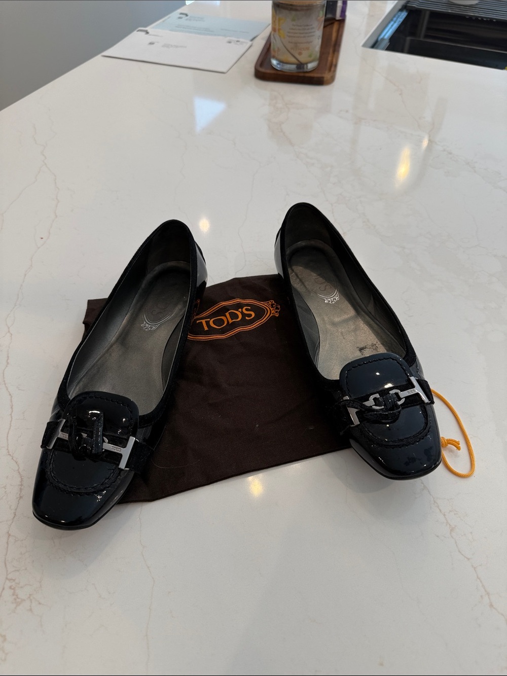 TOD'S Black Patent Leather Ballet Flats with Silver Bit